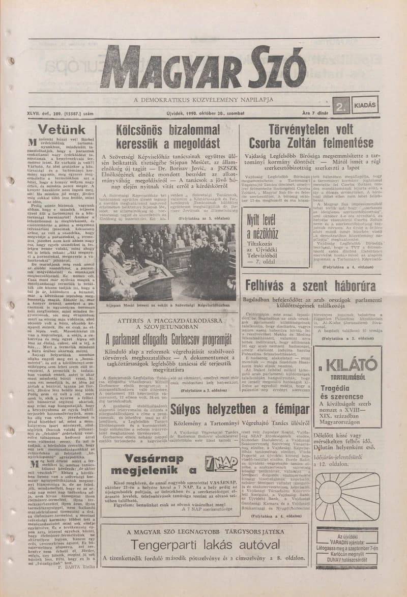 Magyar Szó, 47. évf. 1990. október 20. 289. sz. 1–24. oldal