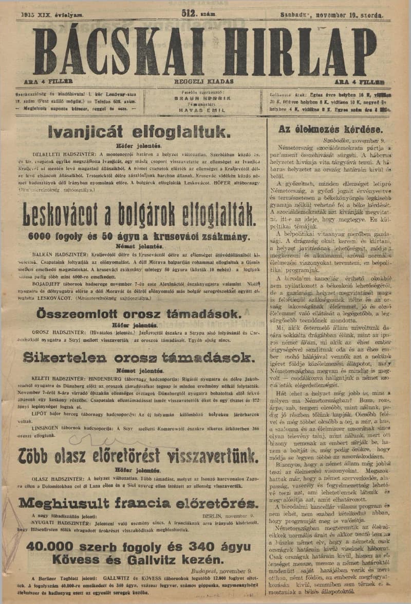 Bácskai Hirlap, 19. évf. 1915. november 10. 512. sz.