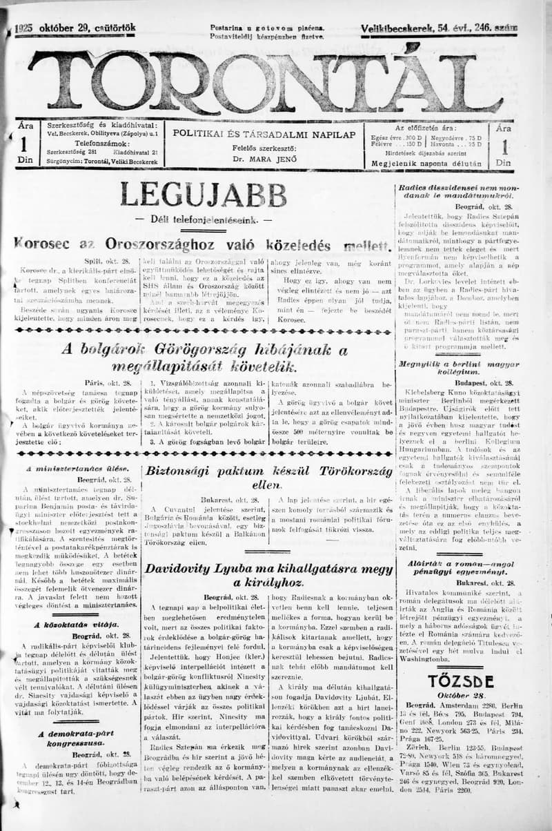 Torontál, 54. évf. 1925. október 29. 246. sz.