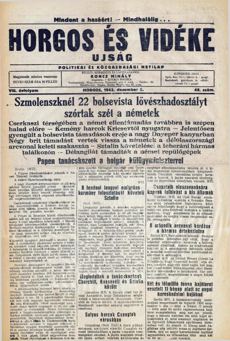Horgos és vidéke, 8. évf. 1943. december 5. 48. sz.