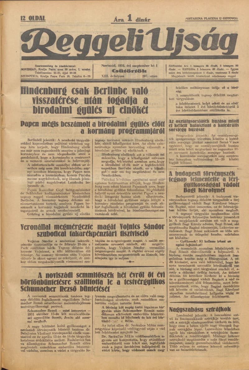 Reggeli Újság, 13. évf. 1932. szeptember 1. 207. sz.