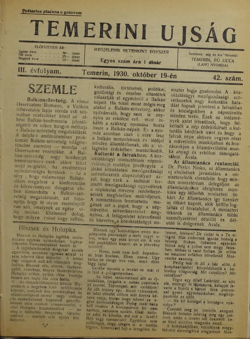 Temerini Újság 1928-1944, 3. évf. 1930. október 19. 42. sz.