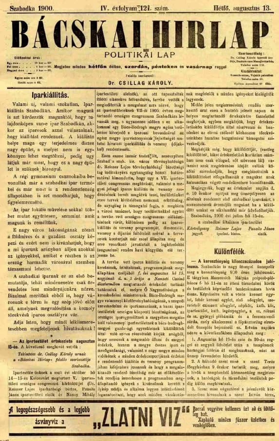 Bácskai Hirlap, 4. évf. 1900. augusztus 13. 121. sz.