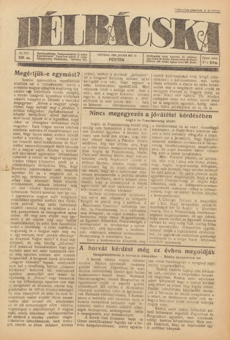 Délbácska, 4. évf. 1923. július 13. 158. sz.