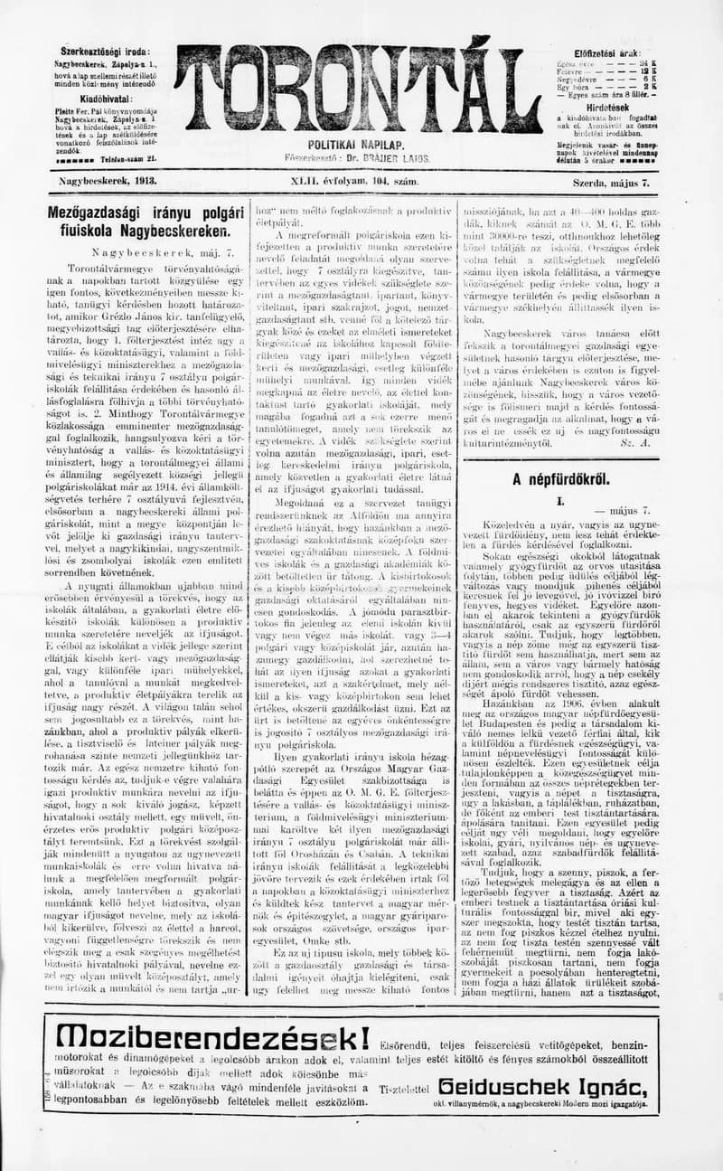 Torontál, 42. évf. 1913. május 7. 104. sz.