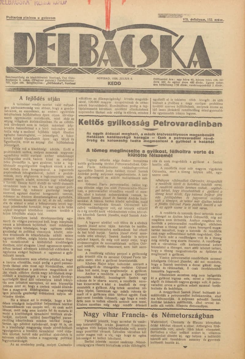 Délbácska, 7. évf. 1926. július 6. 152. sz.