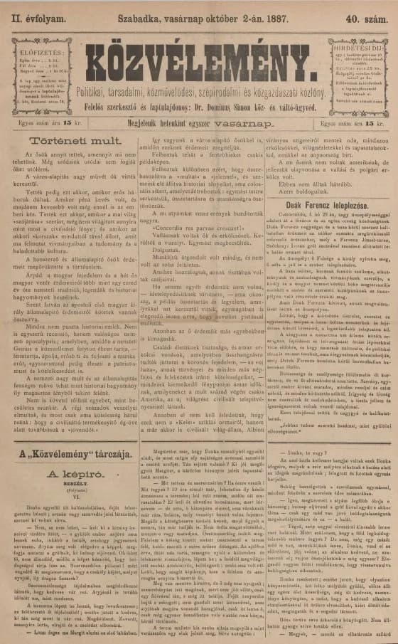 Közvélemény, 2. évf. 1887. október 2. 40. sz.