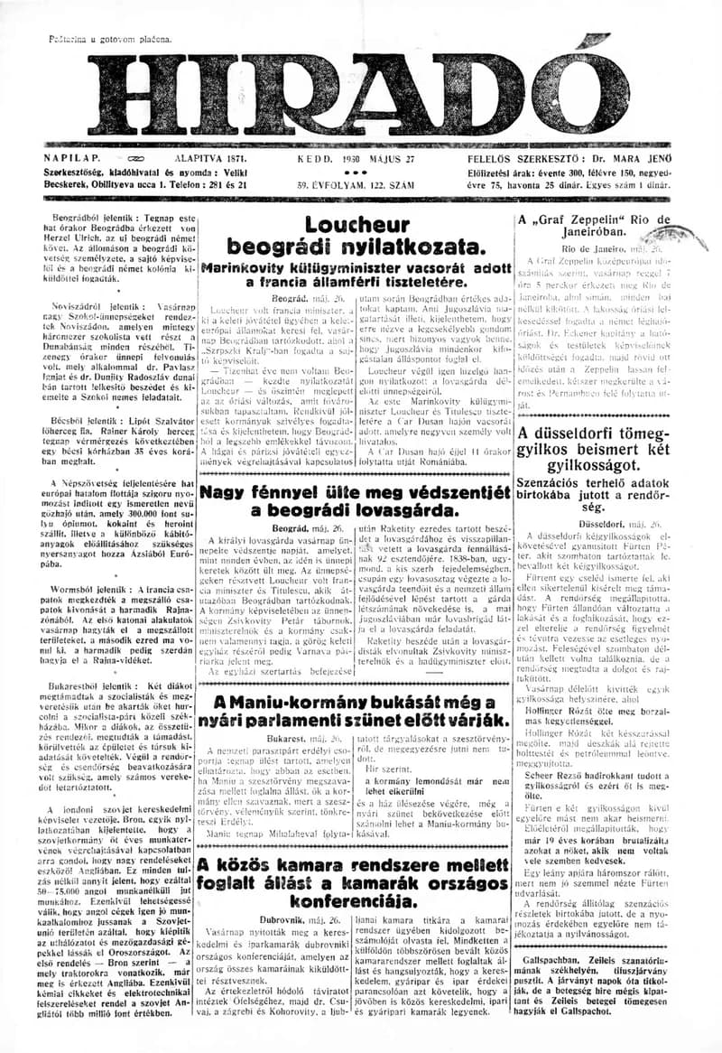 Híradó, 59. évf. 1930. május 27. 122. sz.
