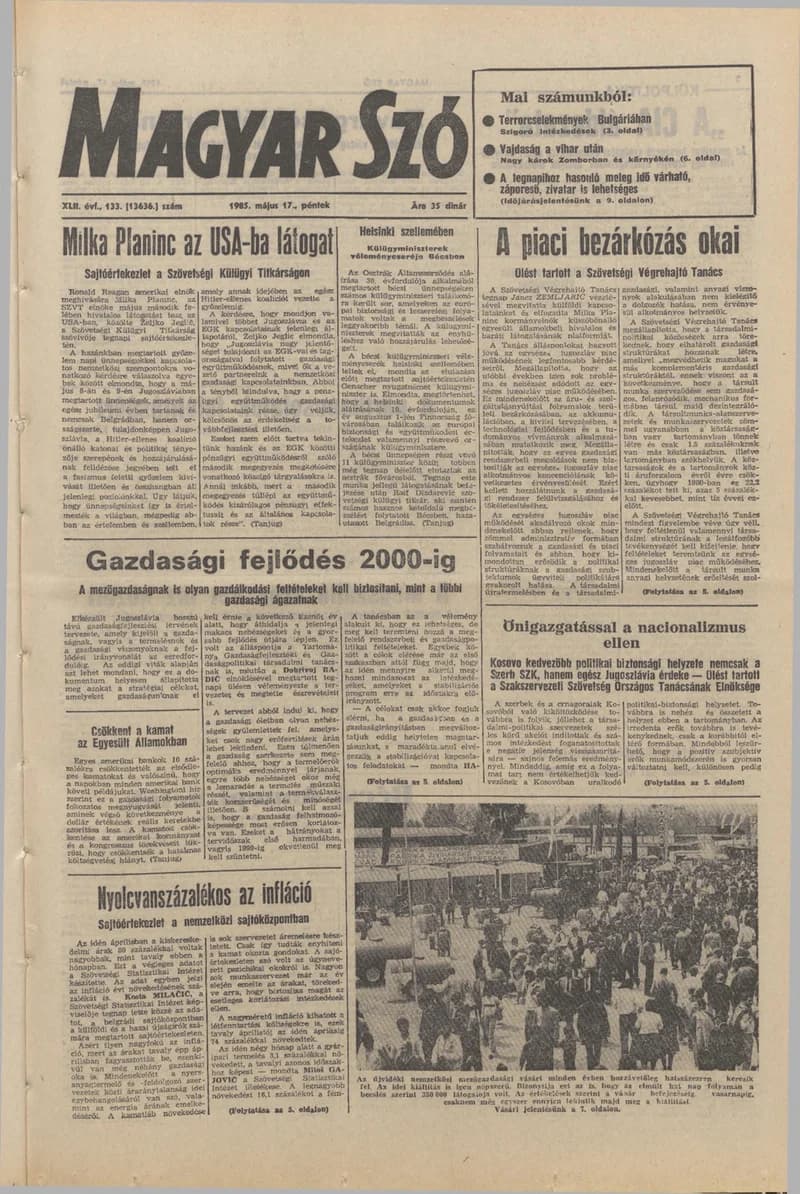 Magyar Szó, 42. évf. 1985. május 17. 133. sz. 1–20. oldal