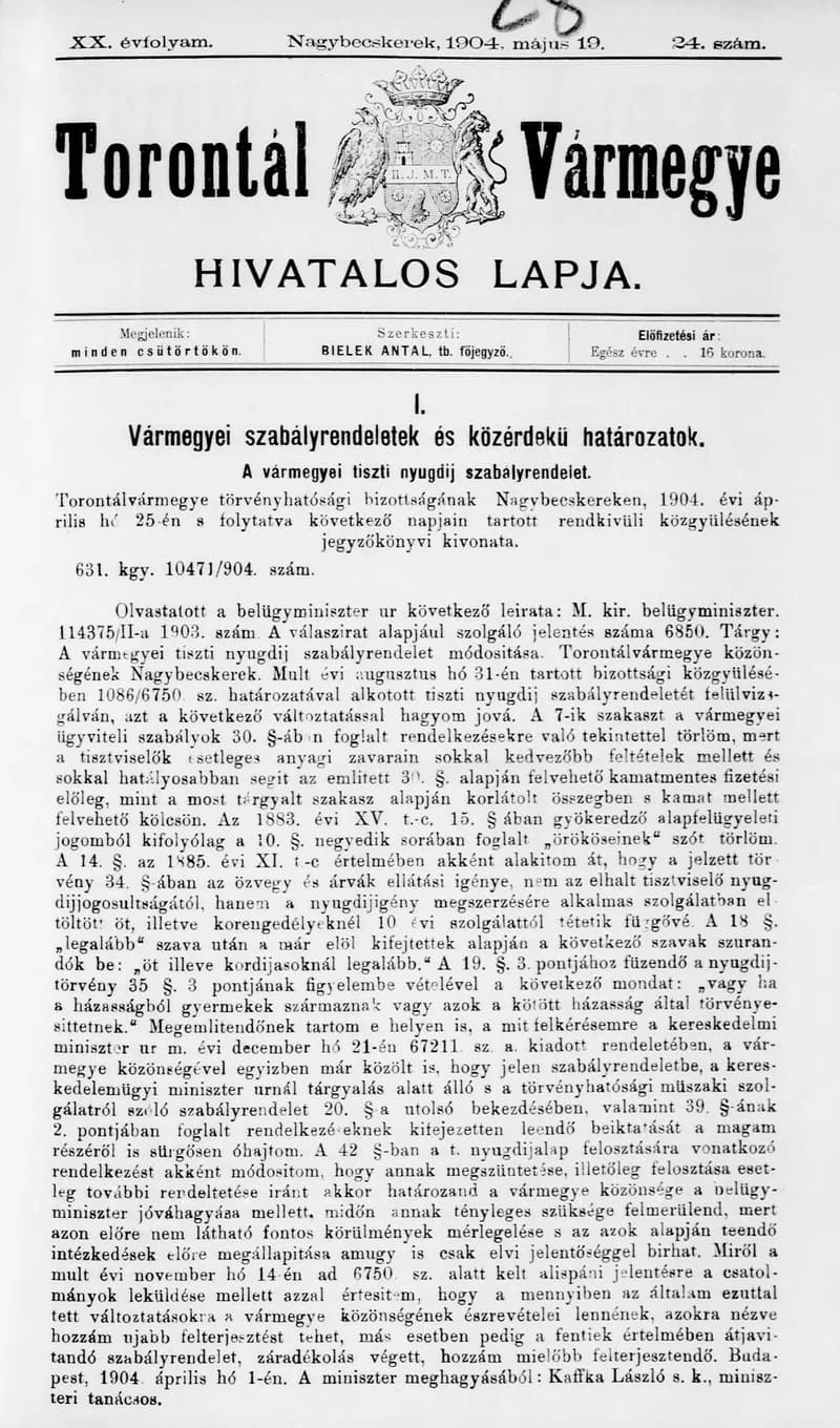 Torontál Vármegye Hivatalos Lapja, 20. évf. 1904. május 19. 24. sz.