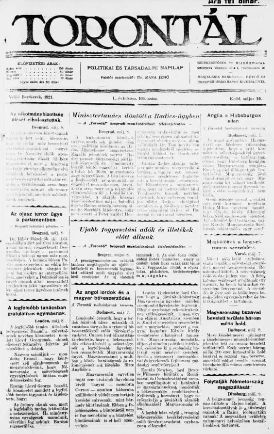 Torontál, 50. évf. 1921. május 10. 100. sz.