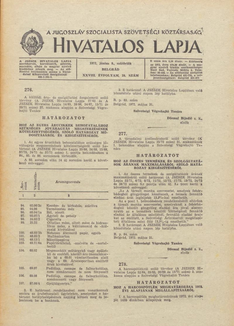 A Jugoszláv Szocialista Szövetségi Köztársaság Hivatalos Lapja, 28. évf. 1972. június 8. 28. sz. 545–572. oldal