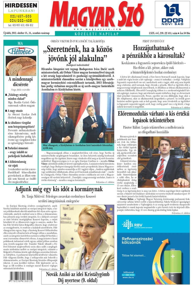 Magyar Szó, 69. évf. 2012. október 13. – 14. 239. sz. 1–44. oldal