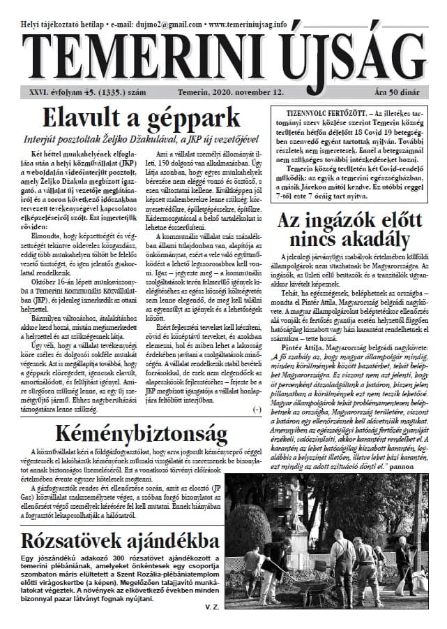 Temerini Újság, 26. évf. 2020. november 12. 45. sz.