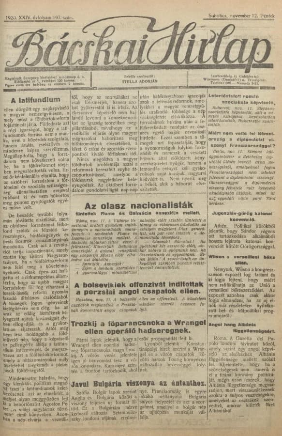 Bácskai Hirlap, 24. évf. 1920. november 12. 197. sz.