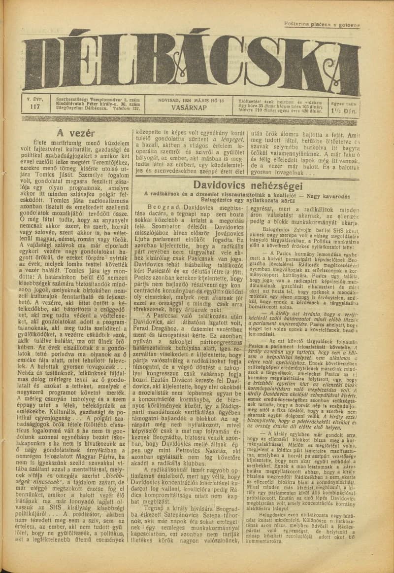 Délbácska, 5. évf. 1924. május 18. 117. sz.