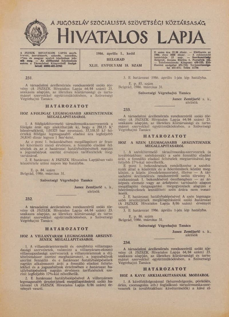 A Jugoszláv Szocialista Szövetségi Köztársaság Hivatalos Lapja, 42. évf. 1986. április 1. 18. sz. 461–476. oldal
