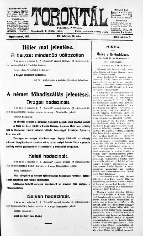 Torontál, 45. évf. 1916. március 6. 53. sz.