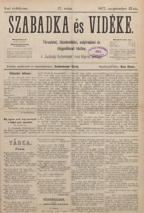 Szabadka és vidéke, 1. évf. 1877. szeptember 27. 27. sz.