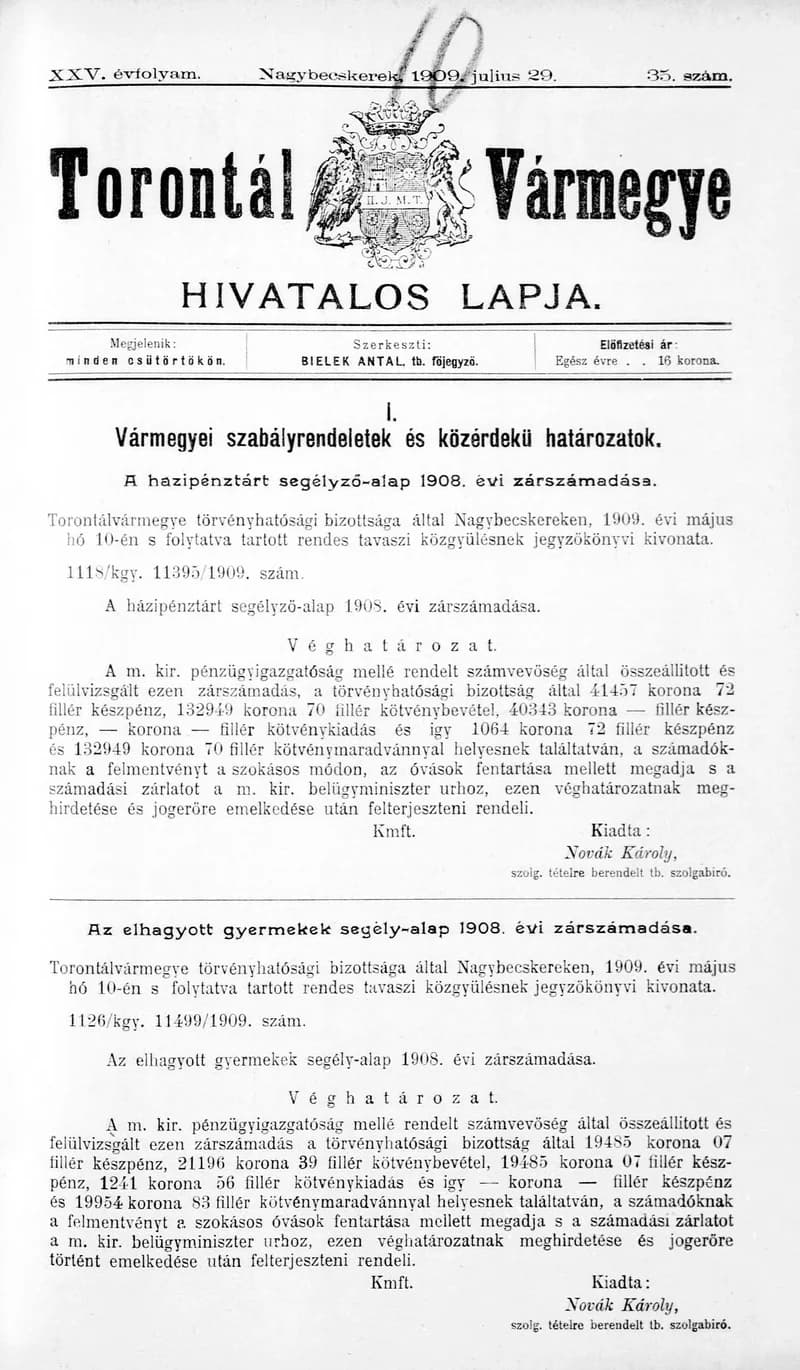 Torontál Vármegye Hivatalos Lapja, 25. évf. 1909. augusztus 5. 35. sz.