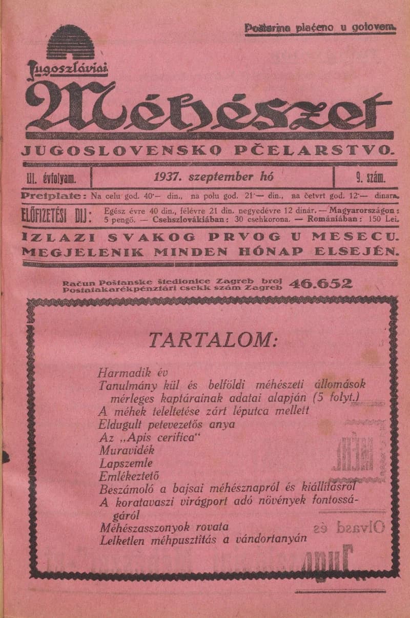Jugoszláviai méhészet, 3. évf. 1937. szeptember 1. 9. sz.