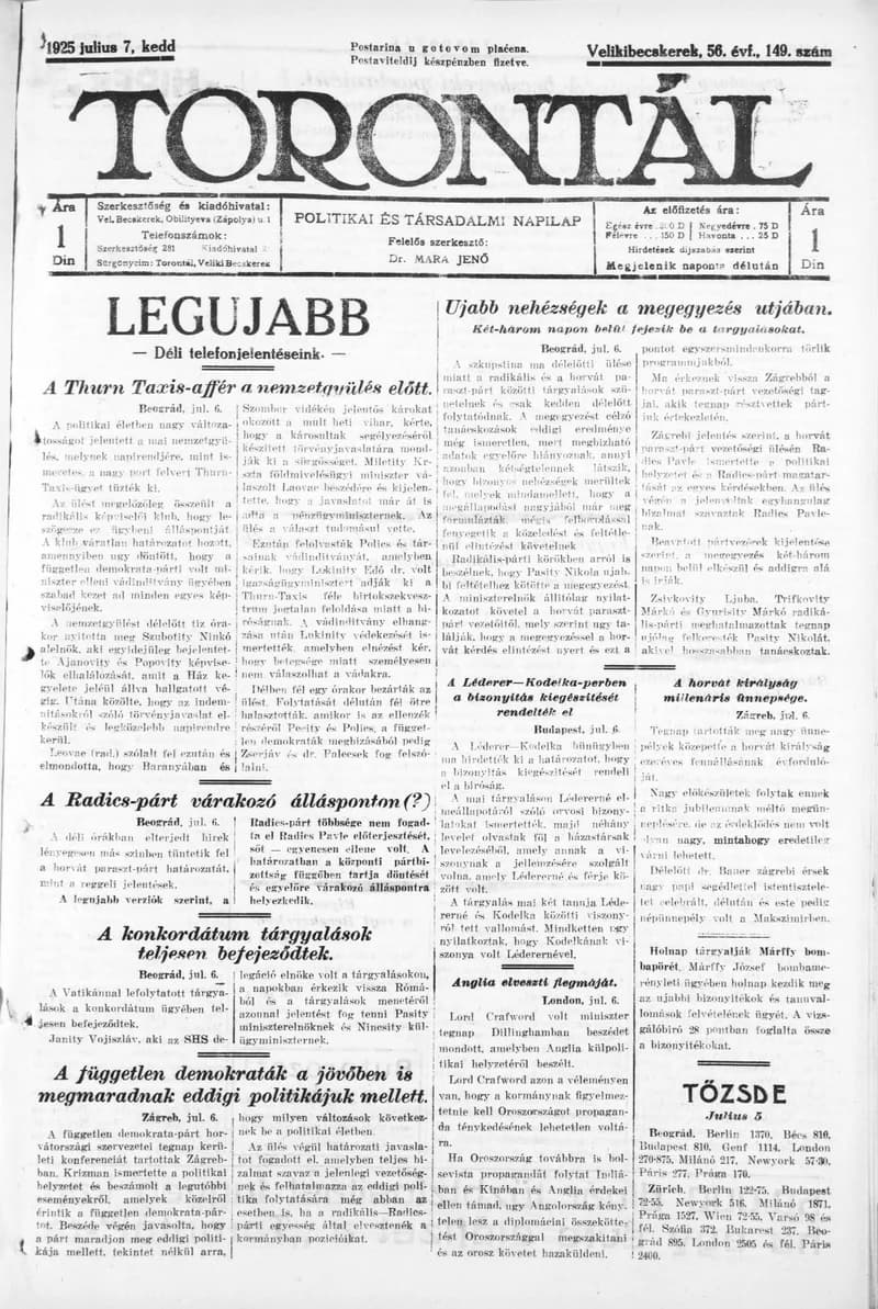 Torontál, 54. évf. 1925. július 7. 149. sz.