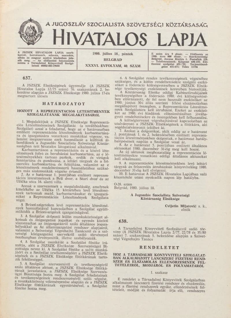 A Jugoszláv Szocialista Szövetségi Köztársaság Hivatalos Lapja, 36. évf. 1980. július 18. 40. sz. 1269–1292. oldal