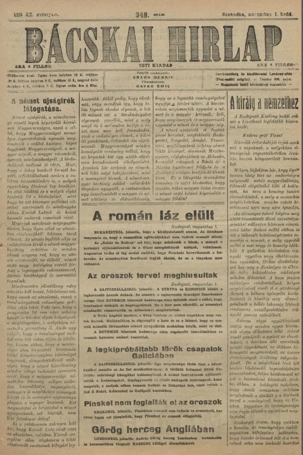 Bácskai Hirlap, 20. évf. 1916. augusztus 1. 348. sz.