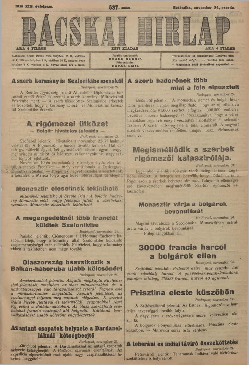 Bácskai Hirlap, 19. évf. 1915. november 24. 537. sz.