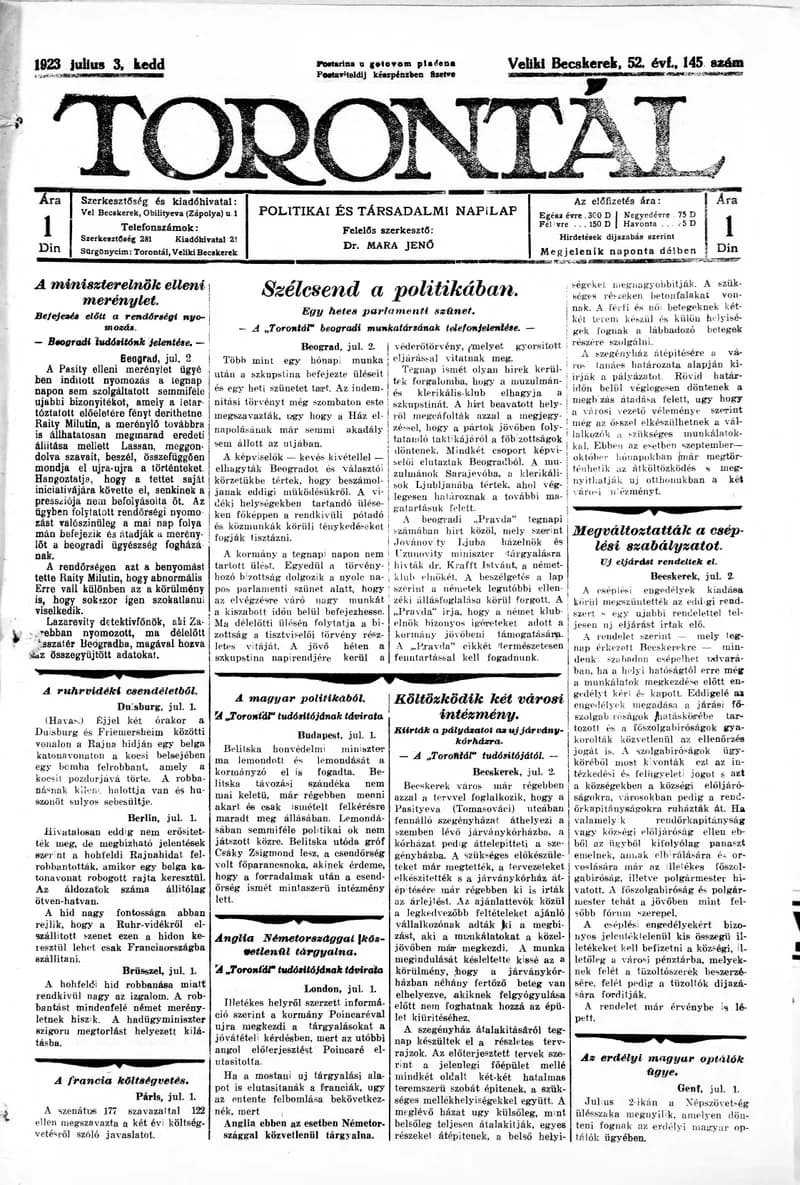 Torontál, 52. évf. 1923. július 3. 145. sz.