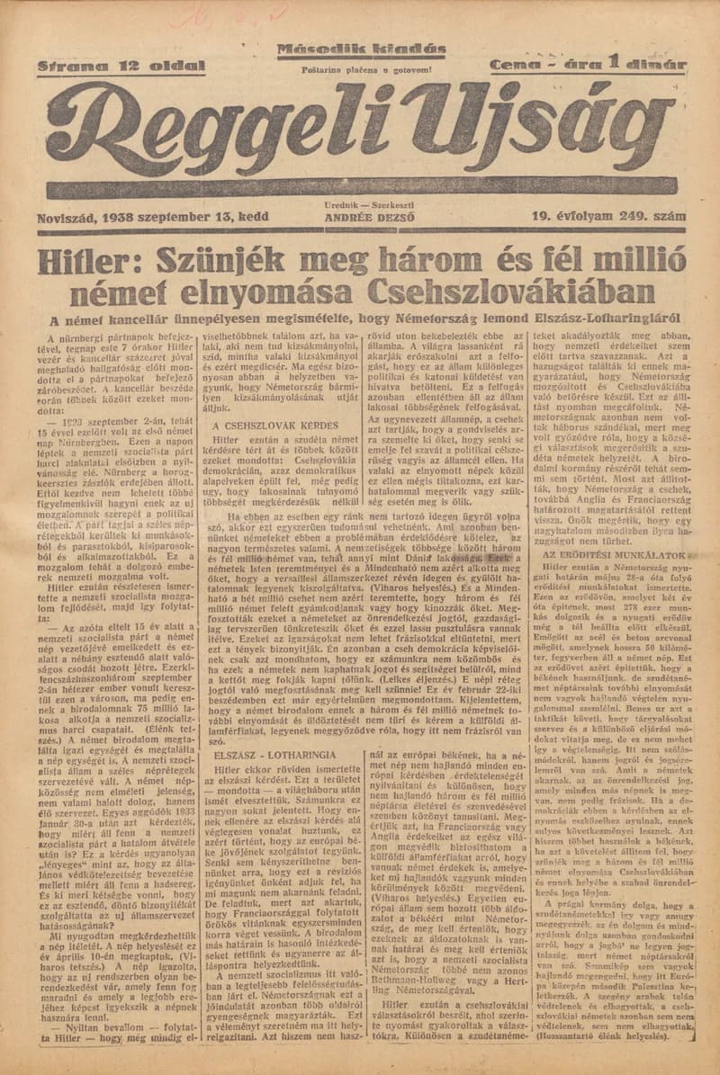 Reggeli Újság, 19. évf. 1938. augusztus 13. 249. sz.
