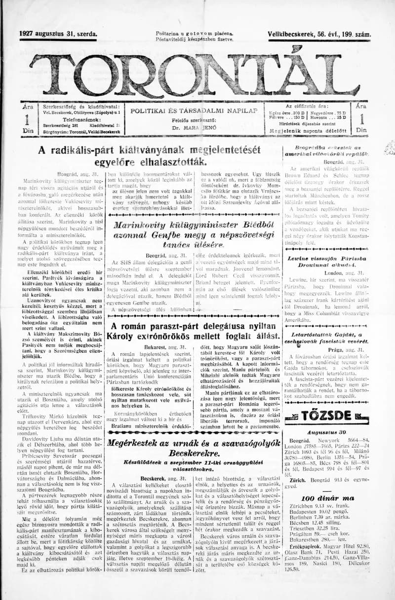 Torontál, 56. évf. 1927. augusztus 31. 199. sz.