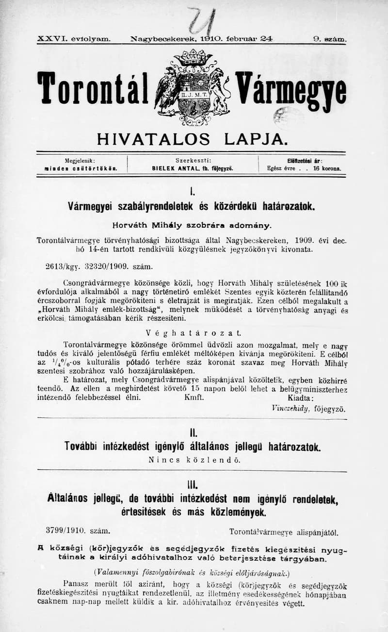 Torontál Vármegye Hivatalos Lapja, 26. évf. 1910. február 24. 9. sz.