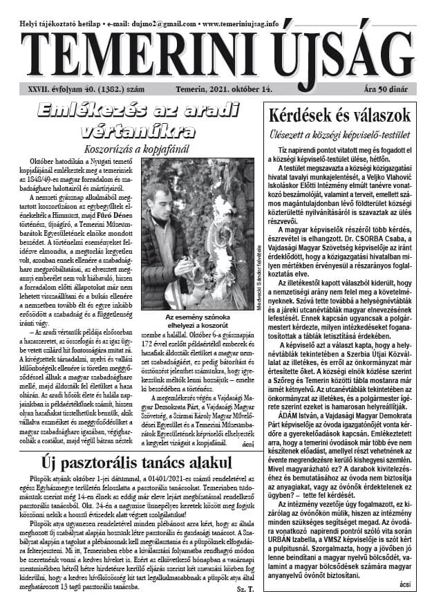Temerini Újság, 27. évf. 2021. október 14. 40. sz.
