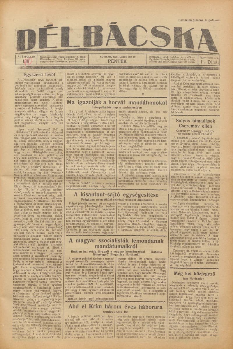Délbácska, 6. évf. 1925. június 19. 140. sz.