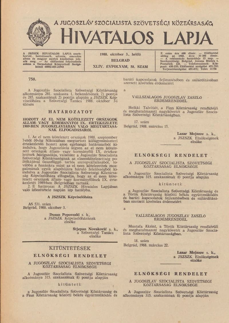 A Jugoszláv Szocialista Szövetségi Köztársaság Hivatalos Lapja, 44. évf. 1988. október 3. 58. sz. 1529–1532. oldal