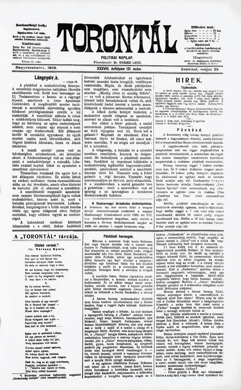Torontál, 38. évf. 1909. május 29. 121. sz.