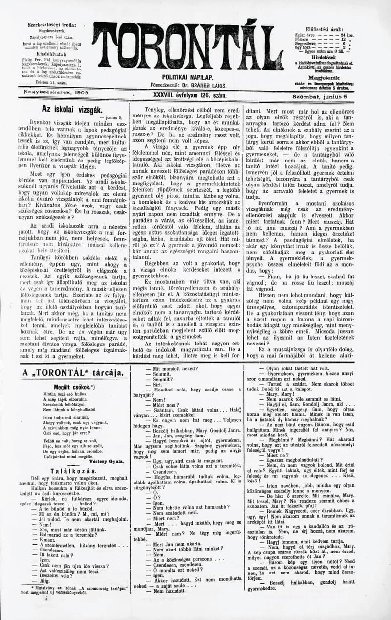 Torontál, 38. évf. 1909. június 5. 126. sz.