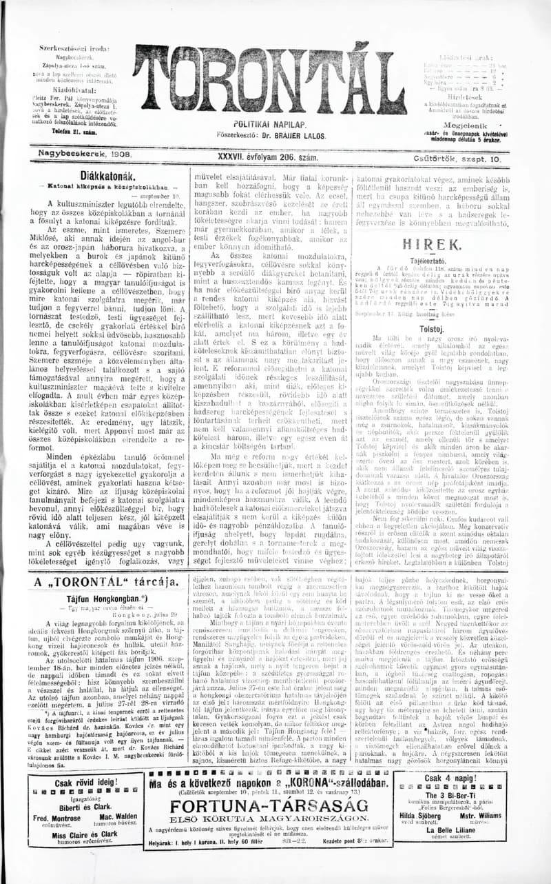 Torontál, 37. évf. 1908. szeptember 10. 206. sz.