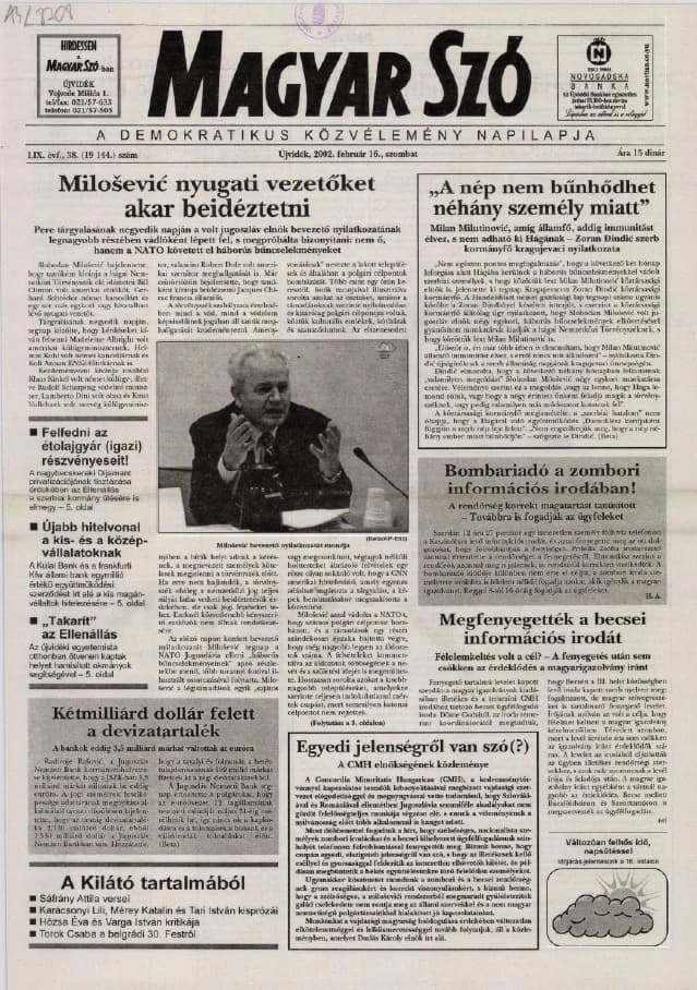 Magyar Szó, 59. évf. 2002. február 16. 38. sz. 1–16. oldal