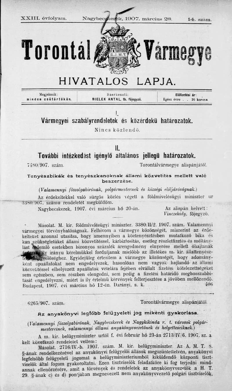 Torontál Vármegye Hivatalos Lapja, 23. évf. 1907. március 28. 14. sz.