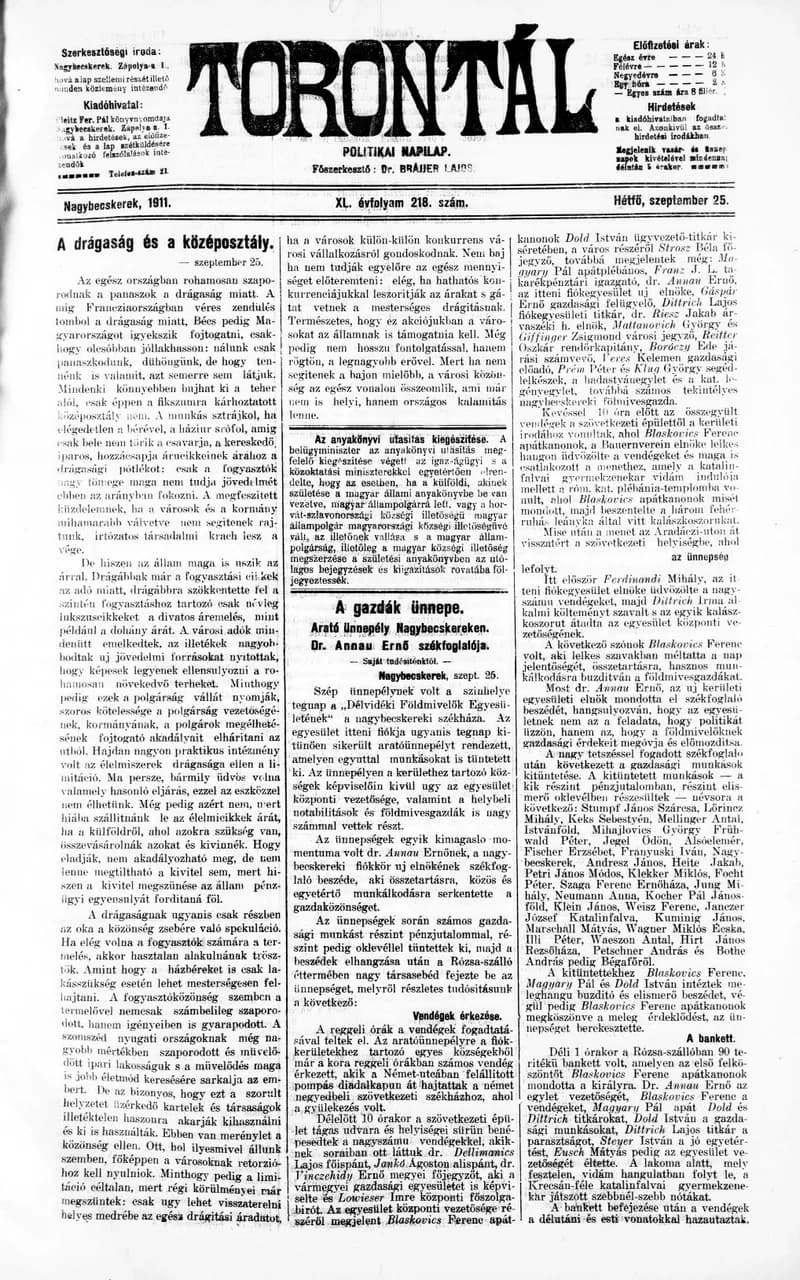Torontál, 40. évf. 1911. szeptember 25. 218. sz.