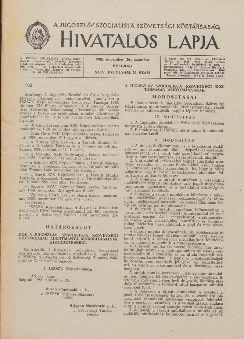 A Jugoszláv Szocialista Szövetségi Köztársaság Hivatalos Lapja, 44. évf. 1988. november 26. 70. sz. 1793–1808. oldal