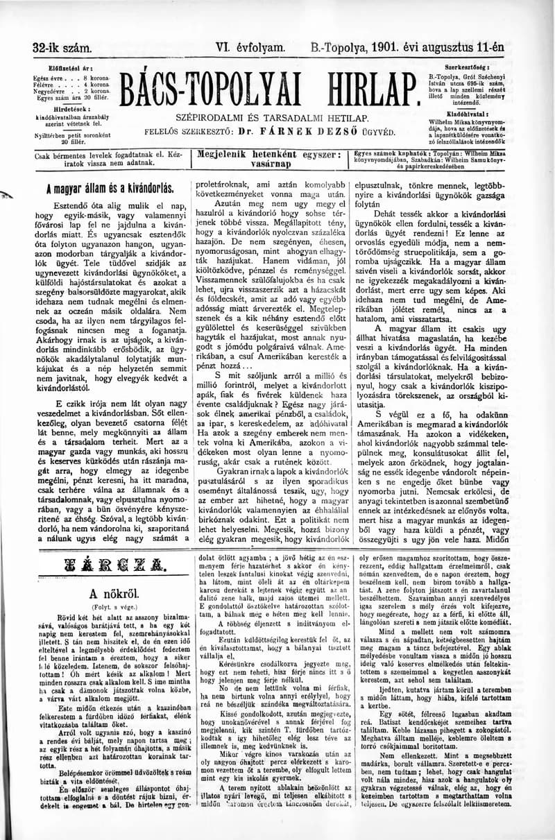 Bács-Topolyai Hirlap, 6. évf. 1901. augusztus 11. 32. sz.