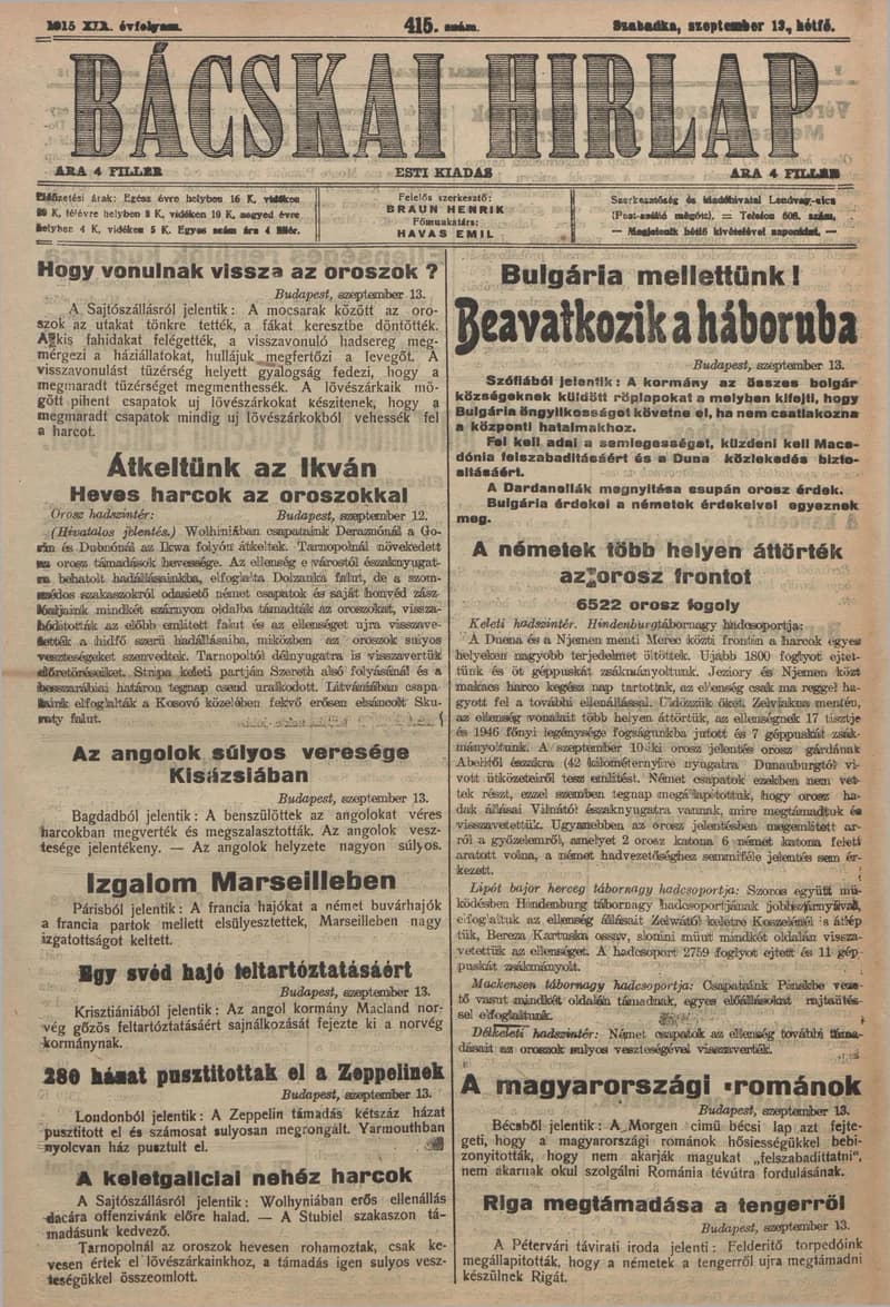 Bácskai Hirlap, 19. évf. 1915. szeptember 13. 415. sz.