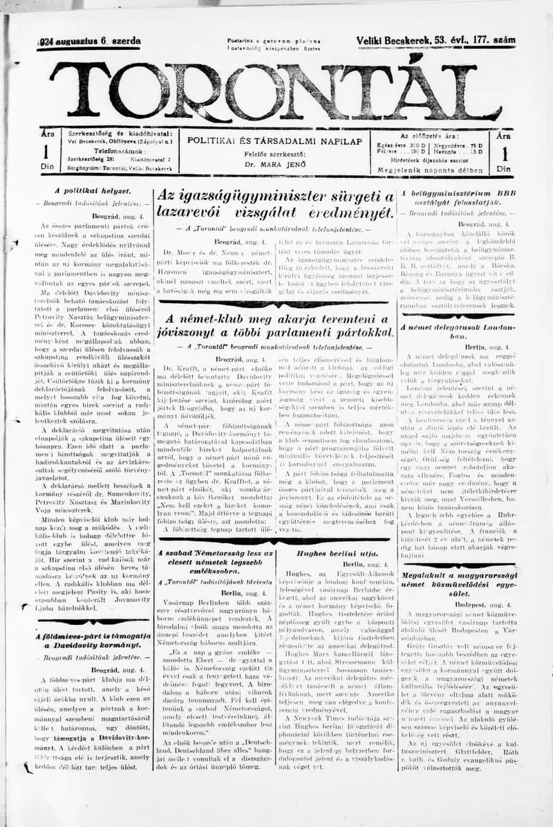 Torontál, 53. évf. 1924. augusztus 6. 177. sz.