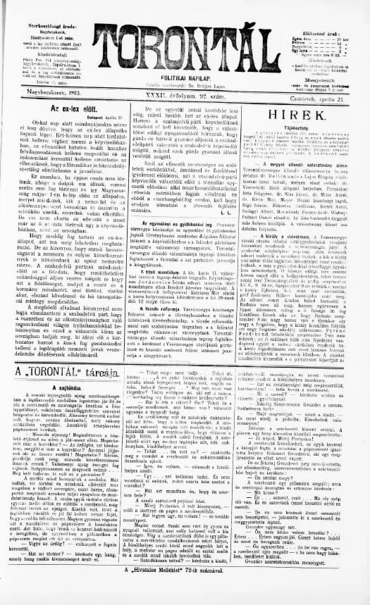 Torontál, 32. évf. 1903. április 23. 92. sz.