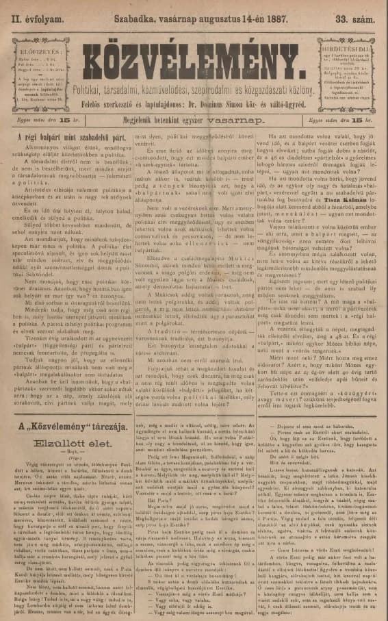 Közvélemény, 2. évf. 1887. augusztus 14. 33. sz.
