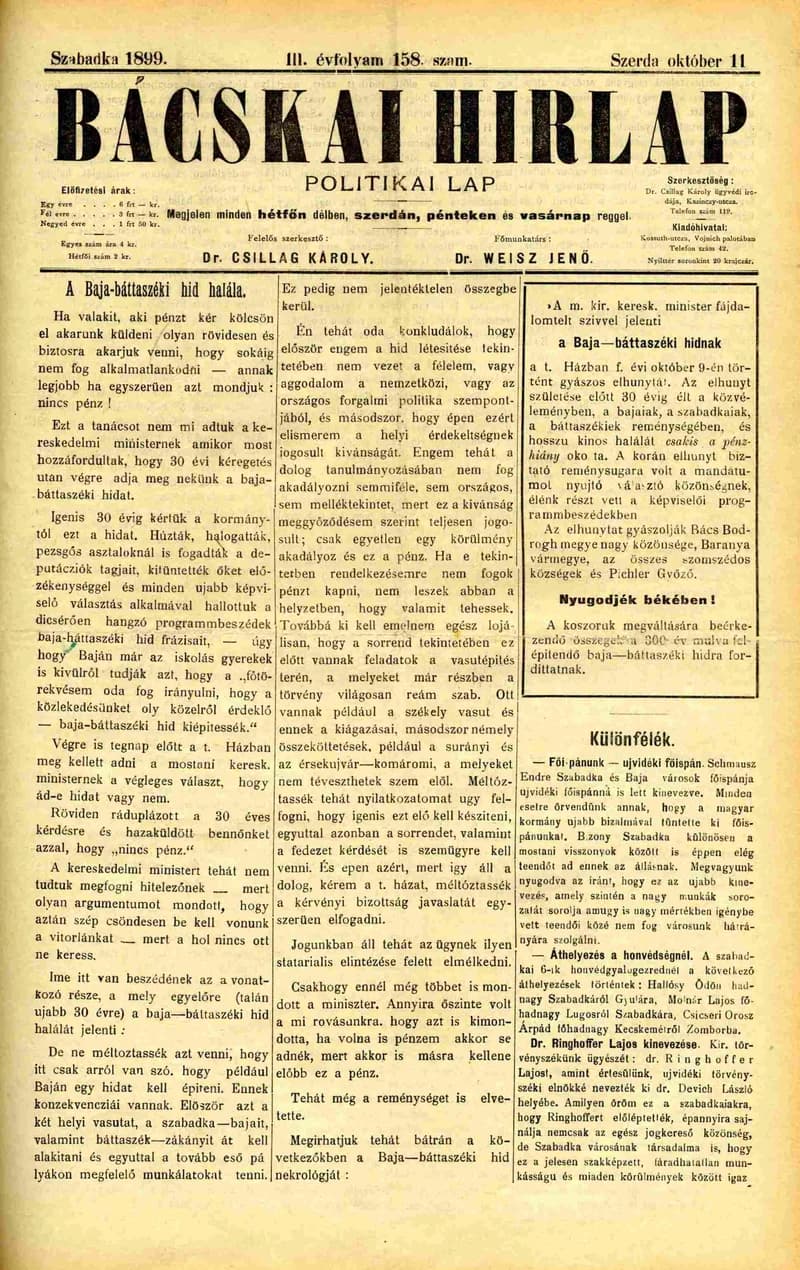 Bácskai Hirlap, 3. évf. 1899. október 11. 158. sz.