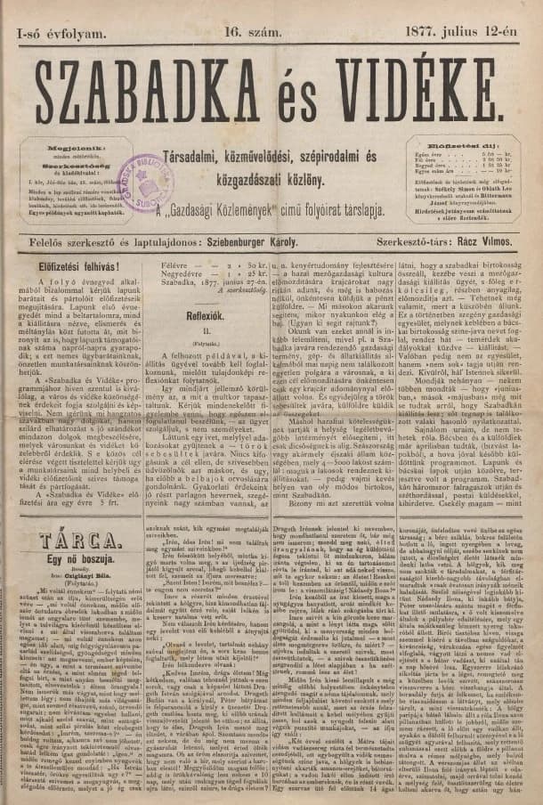 Szabadka és vidéke, 1. évf. 1877. július 12. 16. sz.